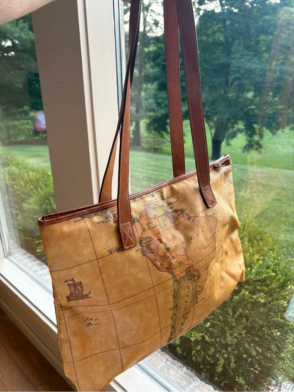 Alviero Martini World Map Tan Canvas and Leather Trim Shoulder Tote 19 x 12